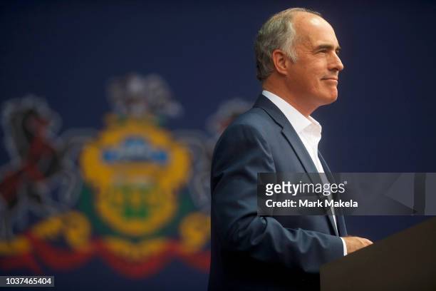 Senator Bob Casey addresses supporters before former President Barack Obama speaks during a campaign rally for statewide Democratic candidates on...