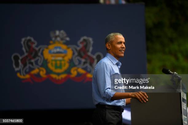 Former President Barack Obama speaks during a campaign rally for Senator Bob Casey and Pennsylvania Governor Tom Wolf on September 21, 2018 in...