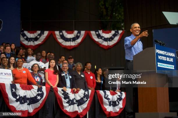 Former President Barack Obama speaks during a campaign rally for Senator Bob Casey and Pennsylvania Governor Tom Wolf on September 21, 2018 in...