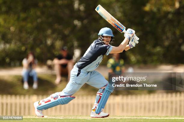 Steve Smith plays a cover drive during the NSW First Grade Club Cricket match between Sutherland and Mosman at Glenn McGrath Oval on September 22,...