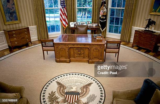 The desk of U.S. President Barack Obama sits in the newly redecorated Oval Office of the White House August 31, 2010 in Washington, D.C. U.S....
