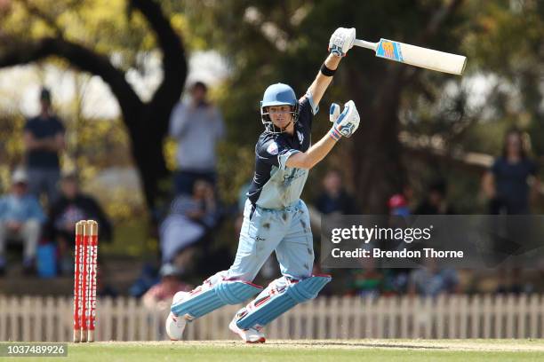 Steve Smith plays a cover drive during the NSW First Grade Club Cricket match between Sutherland and Mosman at Glenn McGrath Oval on September 22,...