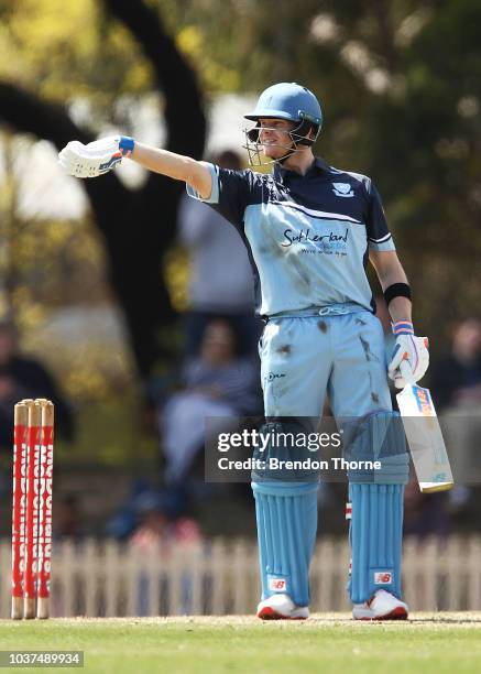 Steve Smith reacts during the NSW First Grade Club Cricket match between Sutherland and Mosman at Glenn McGrath Oval on September 22, 2018 in Sydney,...