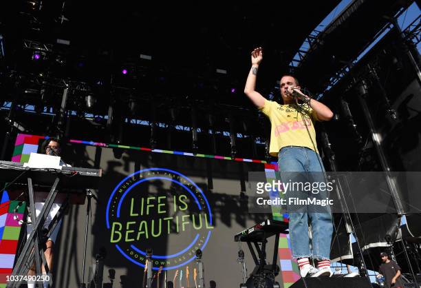 Jason Suwito and Landon Jacobs of Sir Sly perform on Bacardi Sound of Rum Stage during the 2018 Life Is Beautiful Festival on September 21, 2018 in...