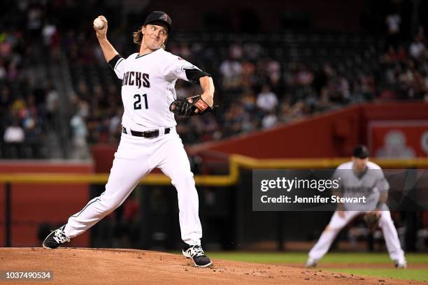 Zack Greinke of the Arizona Diamondbacks delivers a pitch in the first inning of the MLB game against the Colorado Rockies at Chase Field on...