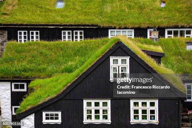 faroe houses - kunstgras stockfoto's en -beelden