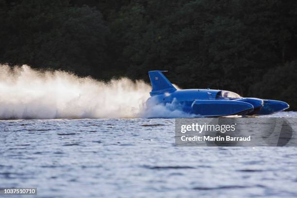 8th 2018: Pilot Ted Walsh fires up the jet engine of Donald Campbell's iconic Bluebird as it propels on the waters of Loch Fad. It was on the water...