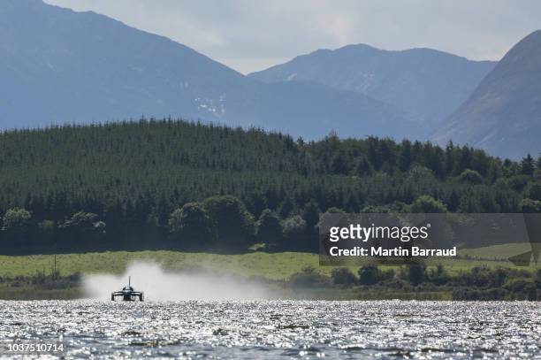 9th 2018: Former RAF Red Arrow Pilot Stew Campbell fires up the jet engine of Donald Campbell's iconic Bluebird as it propels on the waters of Loch...