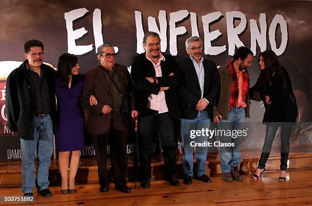 Actors Jorge Zarate, Maria Rojo, Ernesto Gomez Cruz, Joaquin Cosio, Luis Estrada, Damian Alcazar and Elizabeth Cervantes pose for a photo during a...