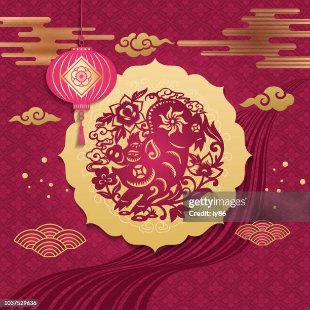 pig papercut, year of the pig, 2019, happy new year, chinese new year - year of the pig stock illustrations