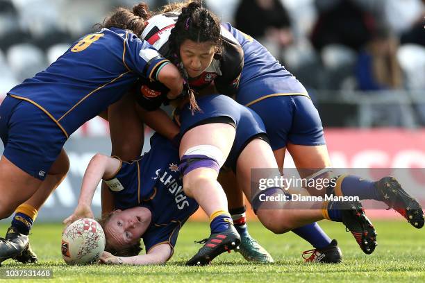 Morgan Henderson of Otago releases the ball during the round four Farah Palmer Cup match between Otago and Counties Manukau at Forsyth Barr Stadium...