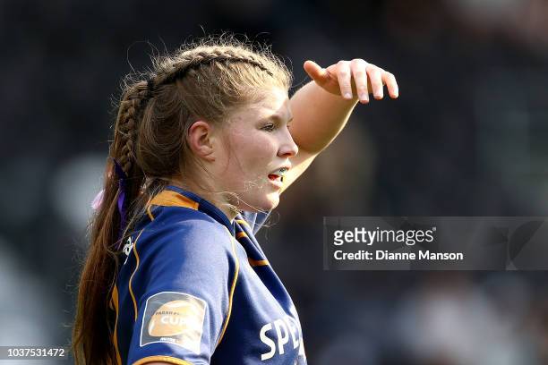 Cheyanne Cunningham of Otago looks on during the round four Farah Palmer Cup match between Otago and Counties Manukau at Forsyth Barr Stadium on...