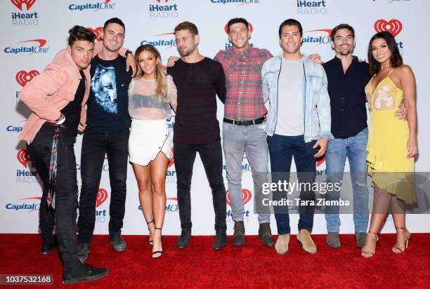 Dean Michael Unglert, Becca Tilley, Ben Higgins, Nick Viall, Blake Horstmann, Jason Tartick, Ashley Iaconetti, and Jared Haibon pose in the press...