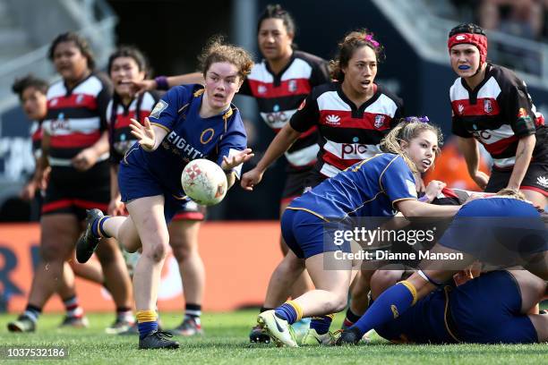 Rosie Buchanan-Brown of Otago passes the ball during the round four Farah Palmer Cup match between Otago and Counties Manukau at Forsyth Barr Stadium...