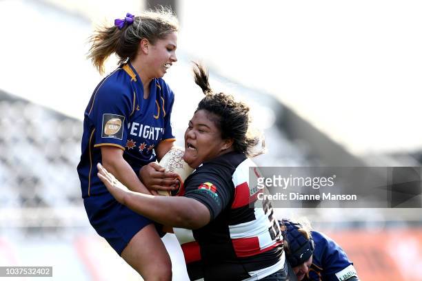 Aotearoa Matau of Counties Manukau is tackled during the round four Farah Palmer Cup match between Otago and Counties Manukau at Forsyth Barr Stadium...