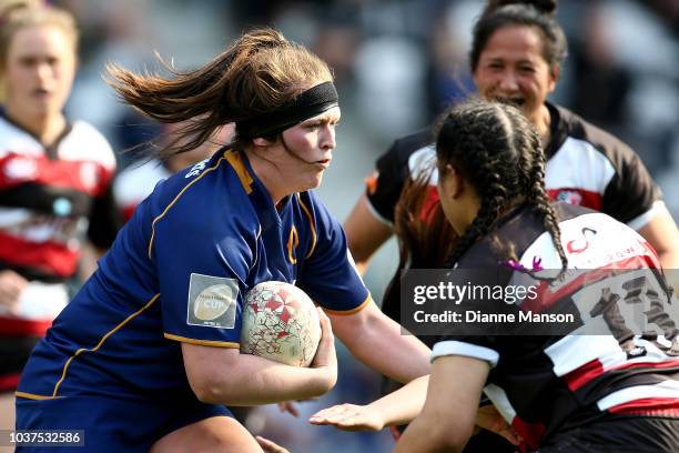 Julia Gorinski of Otago charges forward during the round four Farah Palmer Cup match between Otago and Counties Manukau at Forsyth Barr Stadium on...