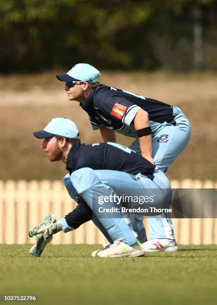 Steve Smith fields during the NSW First Grade Club Cricket match between Sutherland and Mosman at Glenn McGrath Oval on September 22, 2018 in Sydney,...