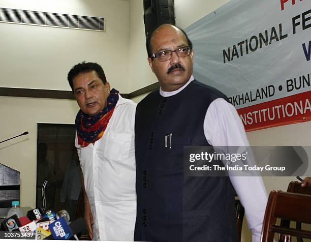 Expelled Samajwadi Party leader Amar Singh and Raja Bundela, an activist of Bundelkhand during the press conference on the issue of separate states...