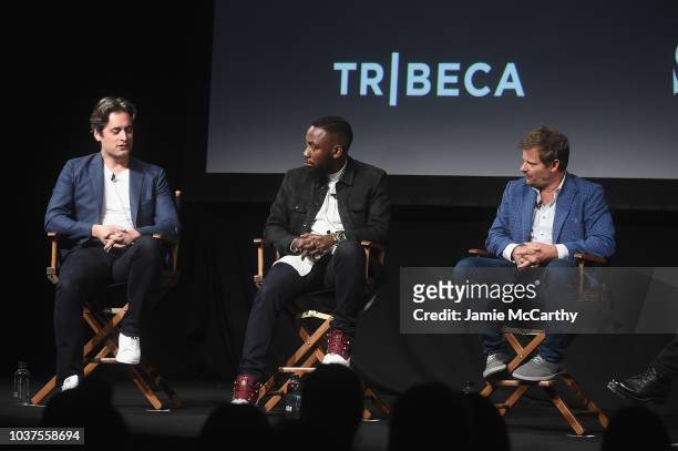 Stephan Paternot, Lamorne Morris, Steve Zahn speak onstage at the "Valley Of The Boom" Premiere during 2018 Tribeca TV Festival at Spring Studios on...
