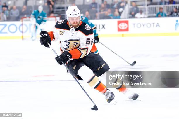 Anaheim Ducks defenseman Keaton Thompson carries the puck during the San Jose Sharks game versus the Anaheim Ducks on September 18 at SAP Center at...