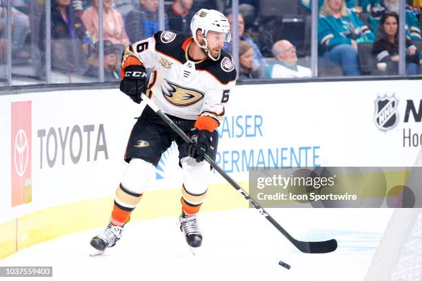 Anaheim Ducks defenseman Keaton Thompson carries the puck during the San Jose Sharks game versus the Anaheim Ducks on September 18 at SAP Center at...