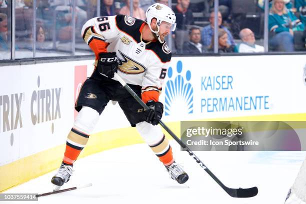 Anaheim Ducks defenseman Keaton Thompson carries the puck during the San Jose Sharks game versus the Anaheim Ducks on September 18 at SAP Center at...