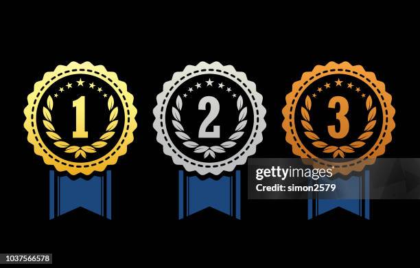 gold, silver and bronze winner award medals - third place ribbon stock illustrations