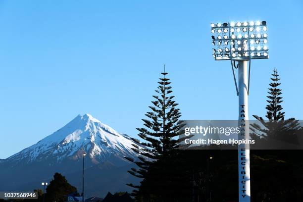 General view of Yarrow Stadium and Mount Taranaki prior to the round six Mitre 10 Cup match between Taranaki and Auckland at Yarrow Stadium on...