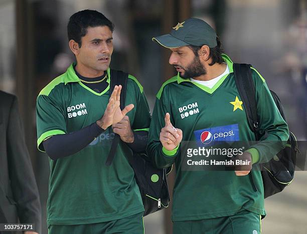 Abdul Razzaq and Shahid Afridi of Pakistan leave the Holiday Inn for nets on September 1, 2010 in Taunton, England. The Pakistan Cricket team are...