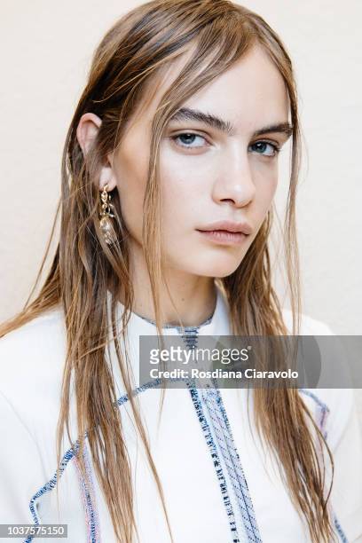 Model Nina Marker is seen backstage ahead of the Sportmax show during Milan Fashion Week Spring/Summer 2019 on September 21, 2018 in Milan, Italy.