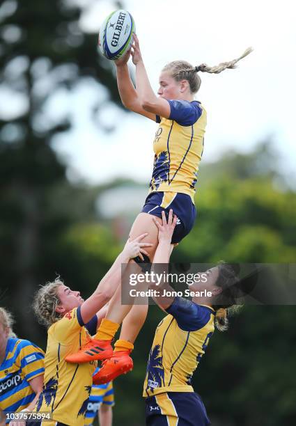 Kathy Baker of Bond University wins the Lineout during the Aon Uni 7s match between Bond University and University of Sydney on September 22, 2018 in...