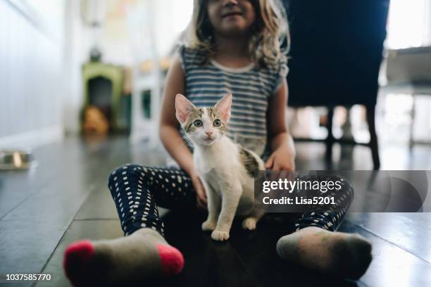 kitty and me - family with pet stock pictures, royalty-free photos & images