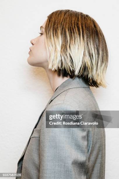 Model Stella Lucia , hair detail, is seen backstage ahead of the Sportmax show during Milan Fashion Week Spring/Summer 2019 on September 21, 2018 in...