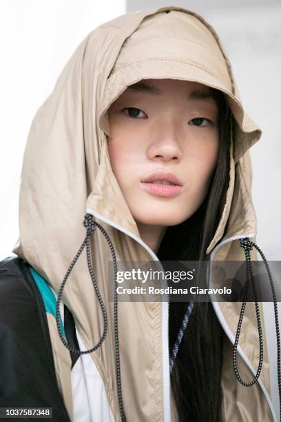 Model Hyun Ji Shin is seen backstage ahead of the Sportmax show during Milan Fashion Week Spring/Summer 2019 on September 21, 2018 in Milan, Italy.