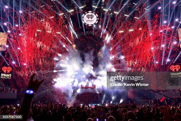 Confetti drops while Kygo and Conrad Sewell perform onstage during the 2018 iHeartRadio Music Festival at T-Mobile Arena on September 21, 2018 in Las...