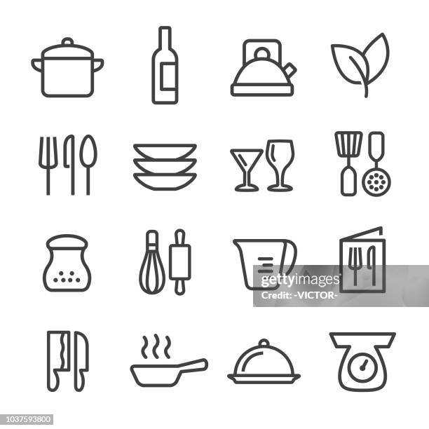 ilustraciones, imágenes clip art, dibujos animados e iconos de stock de set de iconos de cocina - línea serie - cucharon