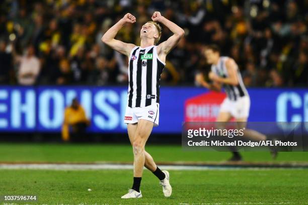 Jaidyn Stephenson of the Magpies celebrates the win on the final siren during the AFL Preliminary Final match between the Richmond Tigers and the...