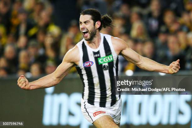 Brodie Grundy of the Magpies celebrates a goal during the AFL Preliminary Final match between the Richmond Tigers and the Collingwood Magpies on...