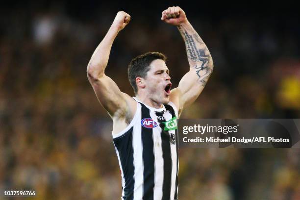 Jack Crisp of the Magpies celebrates a goal during the AFL Preliminary Final match between the Richmond Tigers and the Collingwood Magpies on...