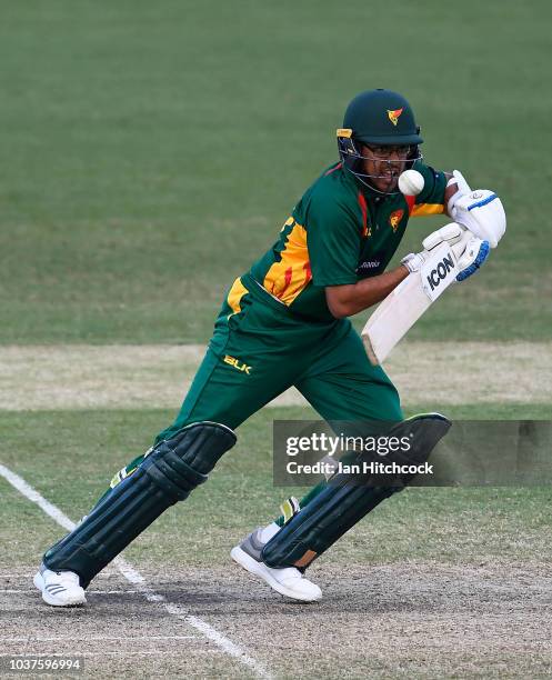 Clive Rose of the Tigers bats during the JLT One Day Cup match between Queensland and Tasmania at Riverway Stadium on September 22, 2018 in...