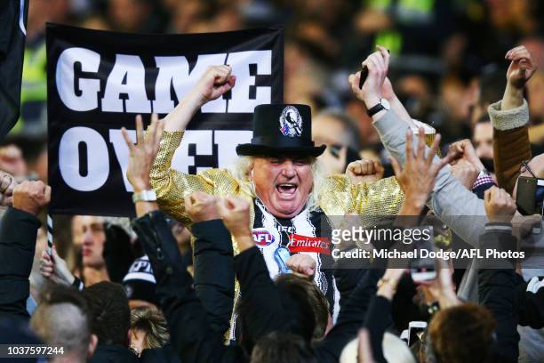Magpies cheersquad legend Joffa Corfe celebrates a goal during the AFL Preliminary Final match between the Richmond Tigers and the Collingwood...