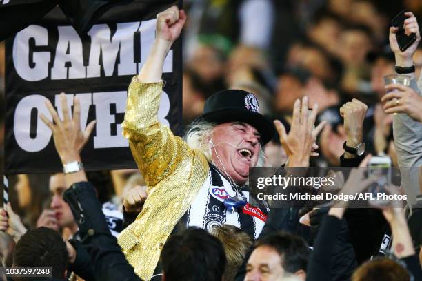 Magpies cheersquad legend Joffa Corfe celebrates a goal during the AFL Preliminary Final match between the Richmond Tigers and the Collingwood...