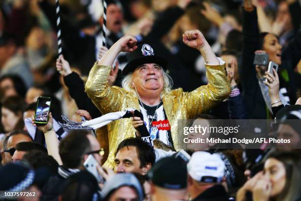 Magpies cheersquad legend Joffa Corfe celebrates a goal during the AFL Preliminary Final match between the Richmond Tigers and the Collingwood...