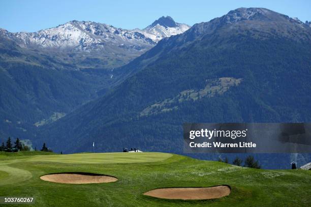 The seventh green is pictured during the Pro Am prior to the start of The Omega European Masters at Crans-Sur-Sierre Golf Club on September 1, 2010...