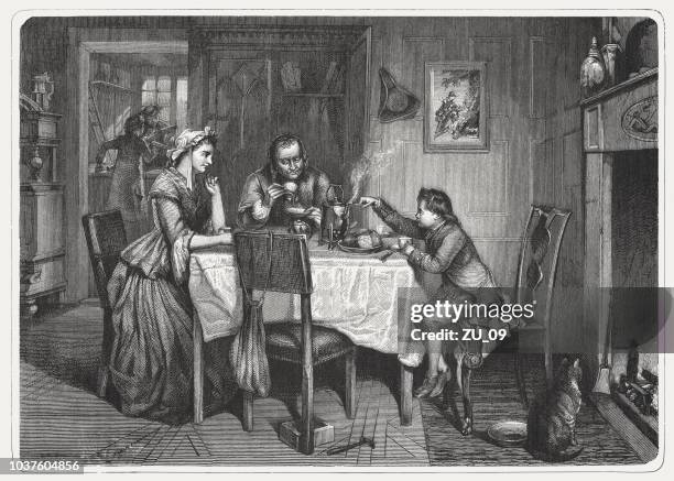 watt's first experiment, painted (c.1870) by marcus stone, published 1876 - industrial revolution stock illustrations