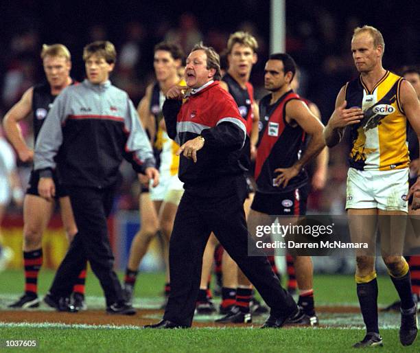 Kevin Sheedy, Coach of Essendon makes a gesture at Mitchell White of West Coast after an incident in the second quater in the match between the...