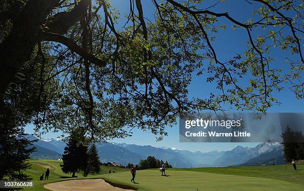 General view of the eighth green during the Pro Am prior to the start of The Omega European Masters at Crans-Sur-Sierre Golf Club on September 1,...