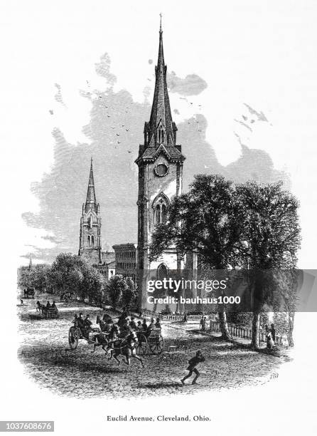 euclid avenue in cleveland, ohio, united states, american victorian engraving, 1872 - bell tower tower stock illustrations