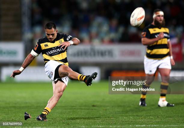 Beaudein Waaka of Taranaki kicks during the round six Mitre 10 Cup match between Taranaki and Auckland at Yarrow Stadium on September 22, 2018 in New...