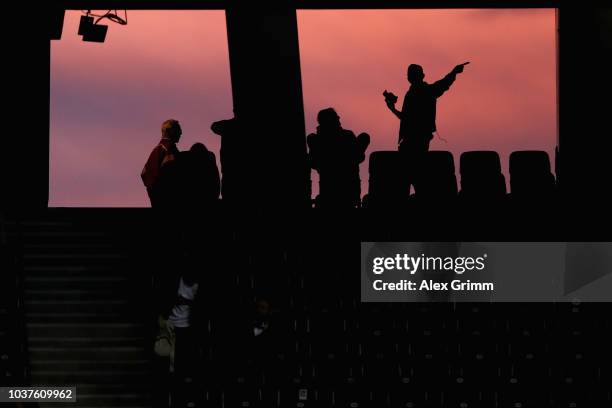 Fans arrive in the stand prior to the Bundesliga match between VfB Stuttgart and Fortuna Duesseldorf at Mercedes-Benz Arena on September 21, 2018 in...